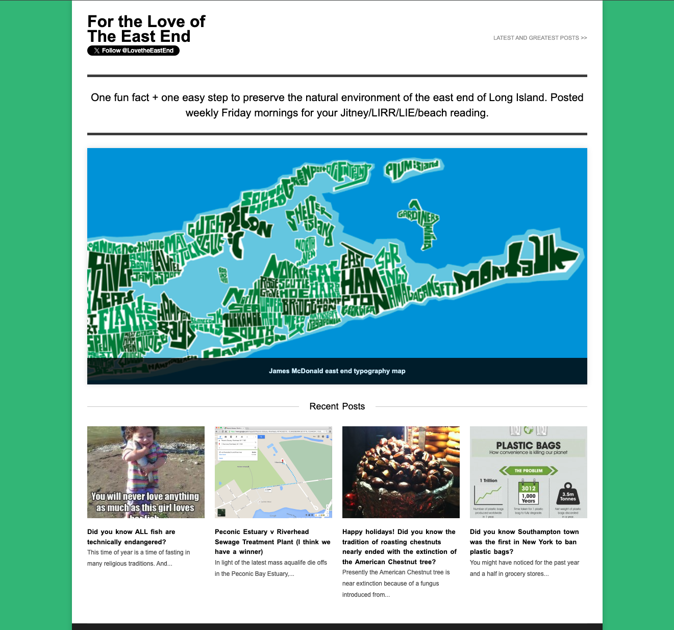 a conservation blog with ideas for individual action and education for the east end of long island (the hamptons). Research, writing, branding design and development by Bea.